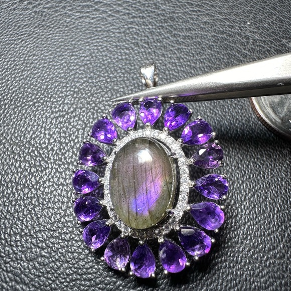 Labradorite & Amethyst 925 Silver Pendant Genuine Gems - Picture 8 of 11